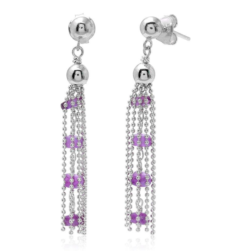 Silver 925 Rhodium Plated Dropped Bead Chain and Purple Bead Earrings - DIE00004RH-AM | Silver Palace Inc.
