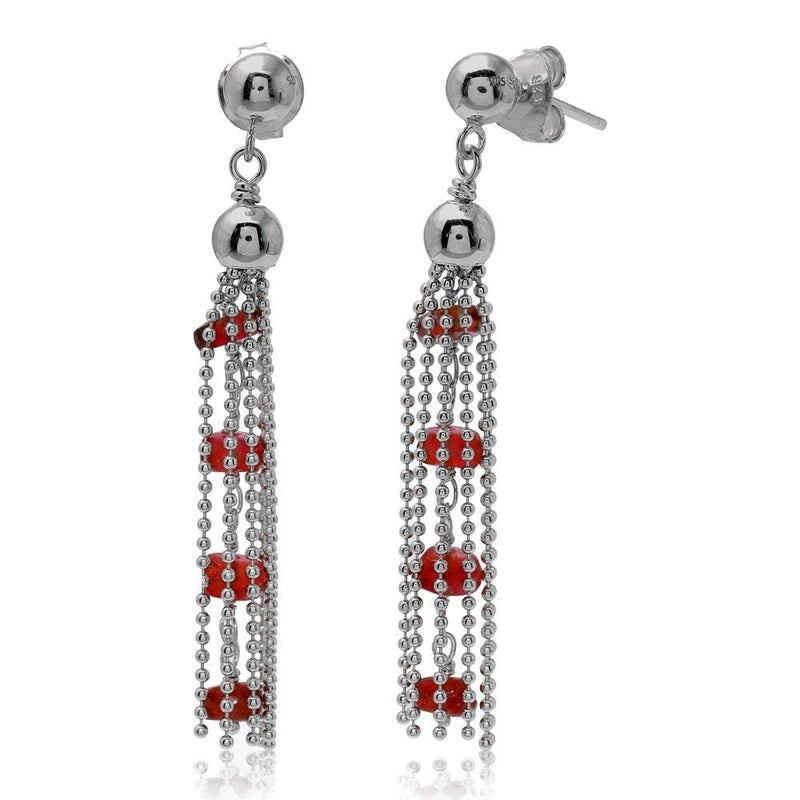 Silver 925 Rhodium Plated Dropped Bead Chain and Dark Red Bead Earrings - DIE00004RH-GR | Silver Palace Inc.