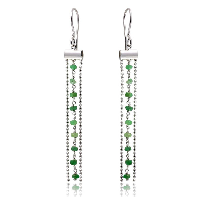 Silver 925 Rhodium Plated Dangling Tassel Earrings with Green Beads - DIE00005RH-EM | Silver Palace Inc.