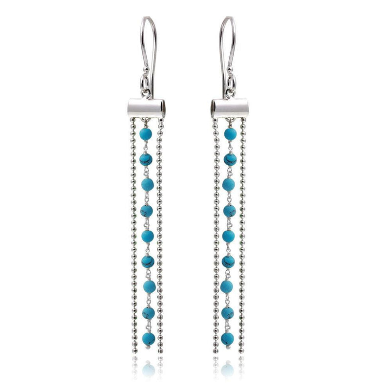 Silver 925 Rhodium Plated Dangling Tassel Earrings with Turquoise Beads - DIE00005RH-TQ | Silver Palace Inc.