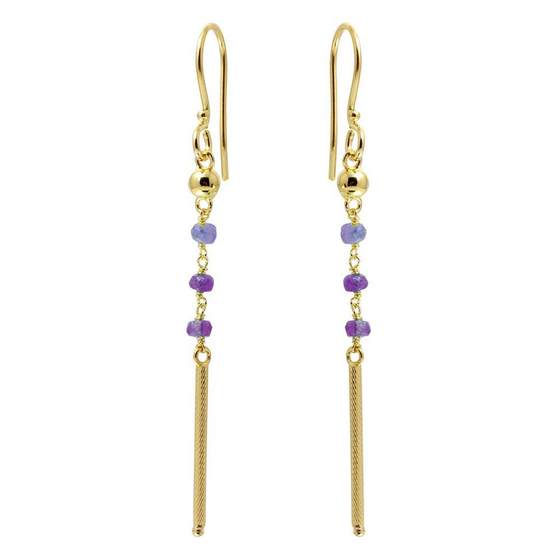 Silver 925 Gold Plated Dangling 3 Purple Bead with Matte Gold Bar Earrings - DIE00009GP-AM | Silver Palace Inc.