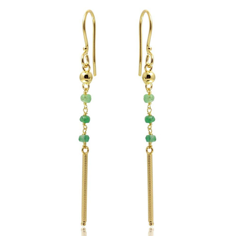 Silver 925 Gold Plated Dangling 3 Green Bead with Matte Gold Bar Earrings - DIE00009GP-EM | Silver Palace Inc.