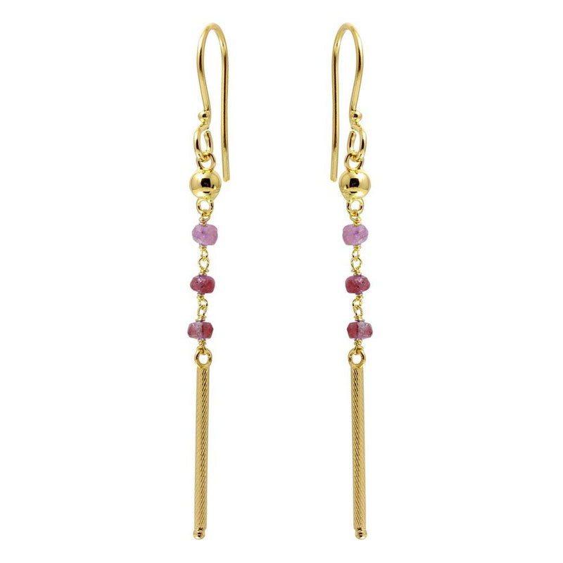 Silver 925 Gold Plated Dangling 3 Dark Red Bead with Matte Gold Bar Earrings - DIE00009GP-GR | Silver Palace Inc.