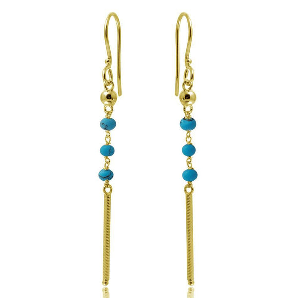 Silver 925 Gold Plated Dangling 3 Turquoise Bead with Matte Gold Bar Earrings - DIE00009GP-TQ | Silver Palace Inc.