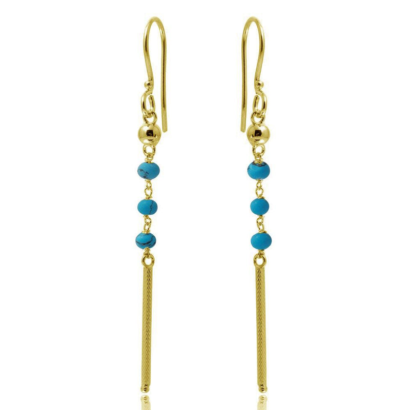 Silver 925 Gold Plated Dangling 3 Turquoise Bead with Matte Gold Bar Earrings - DIE00009GP-TQ | Silver Palace Inc.