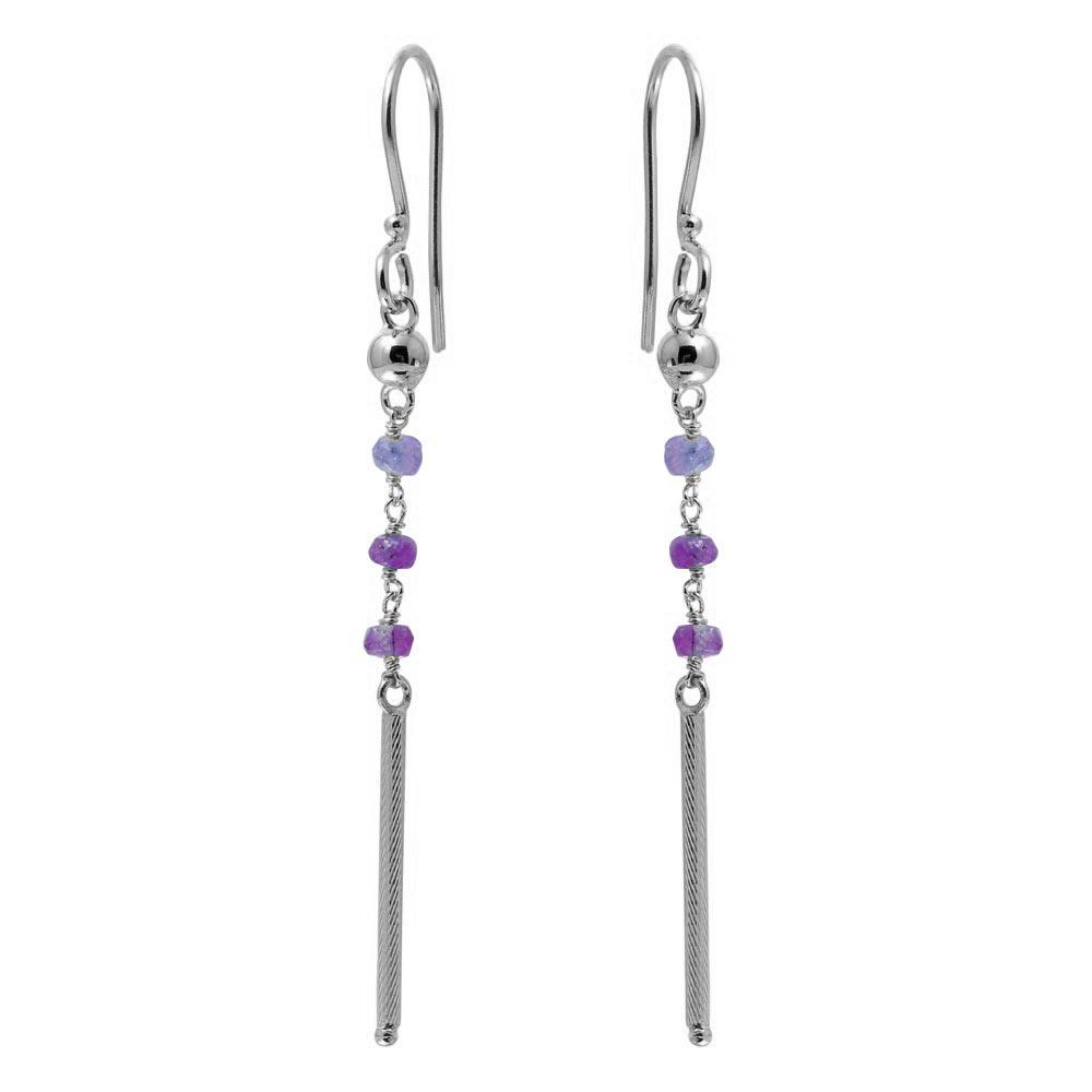 Silver 925 Rhodium Plated Dangling 3 Purple Bead with Matte Rhodium Bar Earrings - DIE00009RH-AM | Silver Palace Inc.