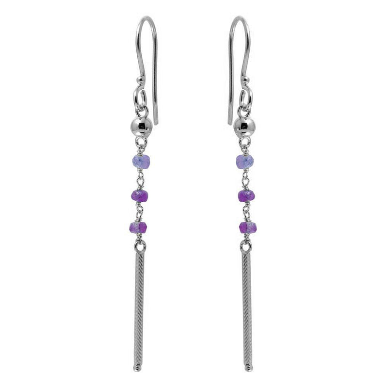 Silver 925 Rhodium Plated Dangling 3 Purple Bead with Matte Rhodium Bar Earrings - DIE00009RH-AM | Silver Palace Inc.