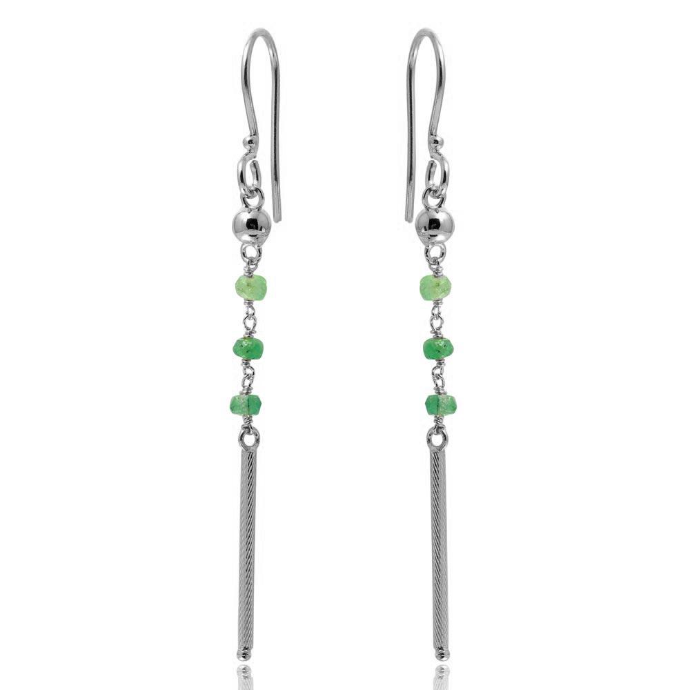 Silver 925 Rhodium Plated Dangling 3 Green Bead with Matte Rhodium Bar Earrings - DIE00009RH-EM | Silver Palace Inc.
