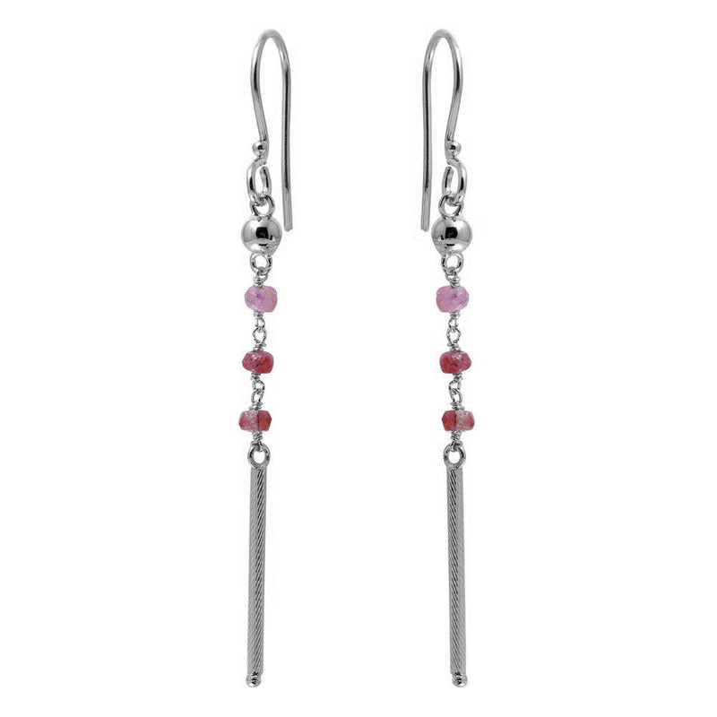Silver 925 Rhodium Plated Dangling 3 Dark Red Bead with Matte Rhodium Bar Earrings - DIE00009RH-GR | Silver Palace Inc.