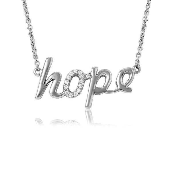 Silver 925 Rhodium Plated CZ Word Necklace "Hope" - DIN00040RH | Silver Palace Inc.