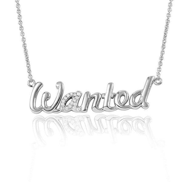 Silver 925 Rhodium Plated CZ Word Necklace "WANTED" - DIN00041RH | Silver Palace Inc.