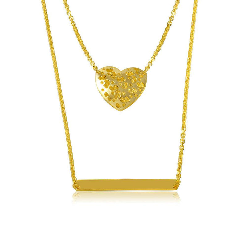 Silver 925 Gold Plated Double Chain Heart and Bar Necklace - DIN00043GP | Silver Palace Inc.