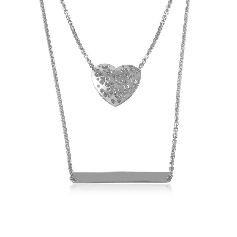 Silver 925 Rhodium Plated Double Chain Heart and Bar Necklace - DIN00043RH | Silver Palace Inc.