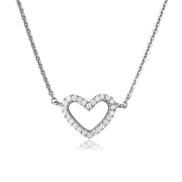 Silver 925 Rhodium Plated CZ Open Heart Necklace - DIN00054RH | Silver Palace Inc.