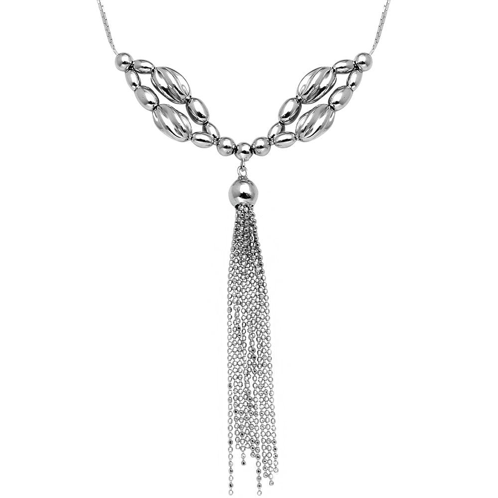 Silver 925 Rhodium Plated Multi Beaded Necklace with Tassel End - DIN00060RH | Silver Palace Inc.