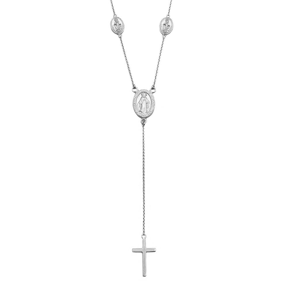 Silver 925 Rhodium Plated Religious Charms Necklace with Cross Drop - DIN00066RH | Silver Palace Inc.