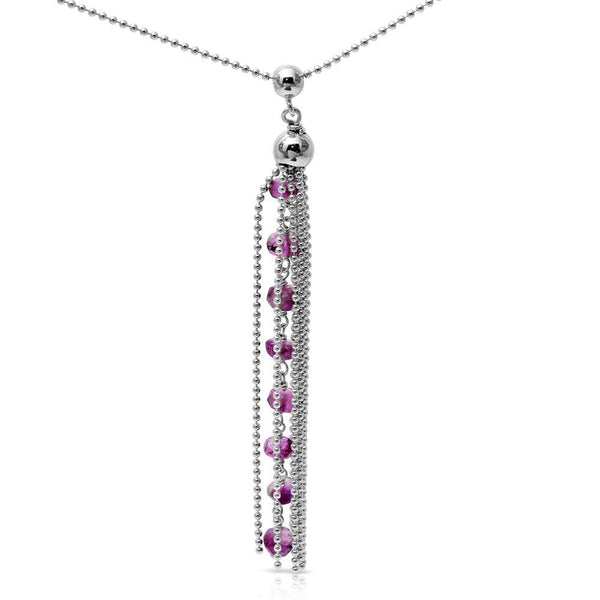 Silver 925 Rhodium Plated Bead Chain with Dropped Purple Bead Necklace - DIN00068RH-AM | Silver Palace Inc.