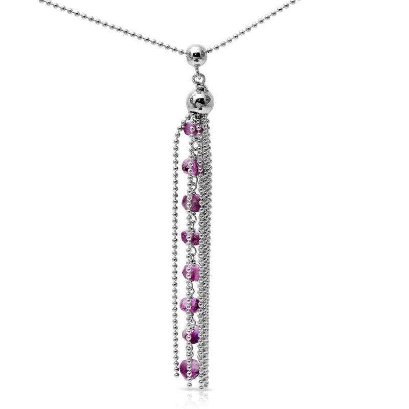 Silver 925 Rhodium Plated Bead Chain with Dropped Purple Bead Necklace - DIN00068RH-AM | Silver Palace Inc.