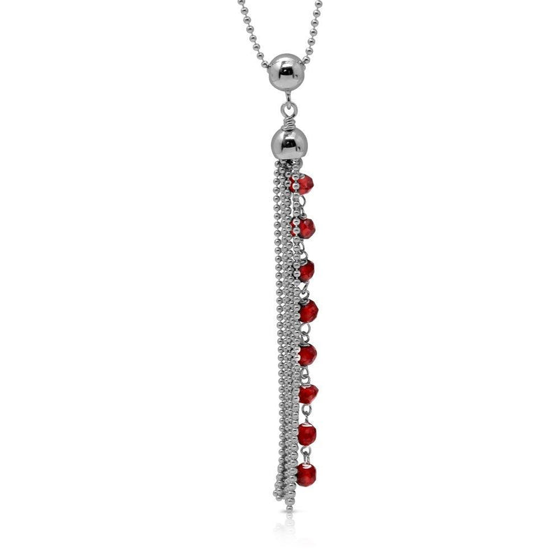 Silver 925 Rhodium Plated Bead Chain with Dropped Red Bead Necklace - DIN00068RH-GR | Silver Palace Inc.