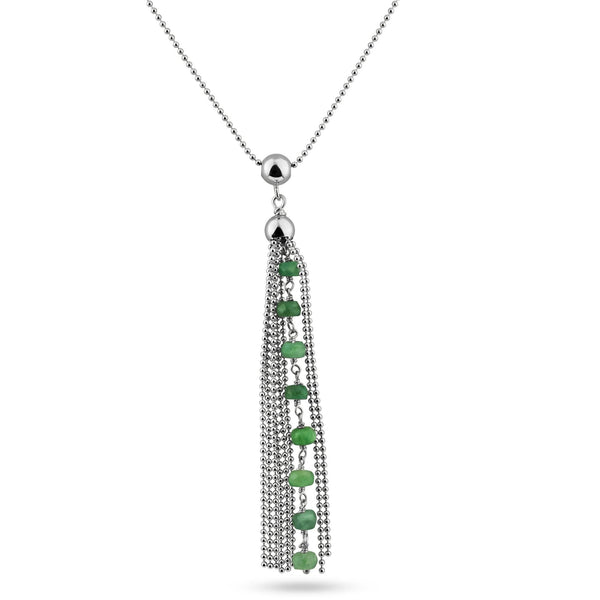 Rhodium Plated 925 Sterling Silver Bead Chain with Dropped Emerald Bead Necklace - DIN00068RH-EM | Silver Palace Inc.
