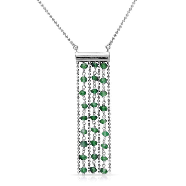 Silver 925 Rhodium Plated Bead Chain Necklace with Dropped Green Beads - DIN00069RH-EM | Silver Palace Inc.