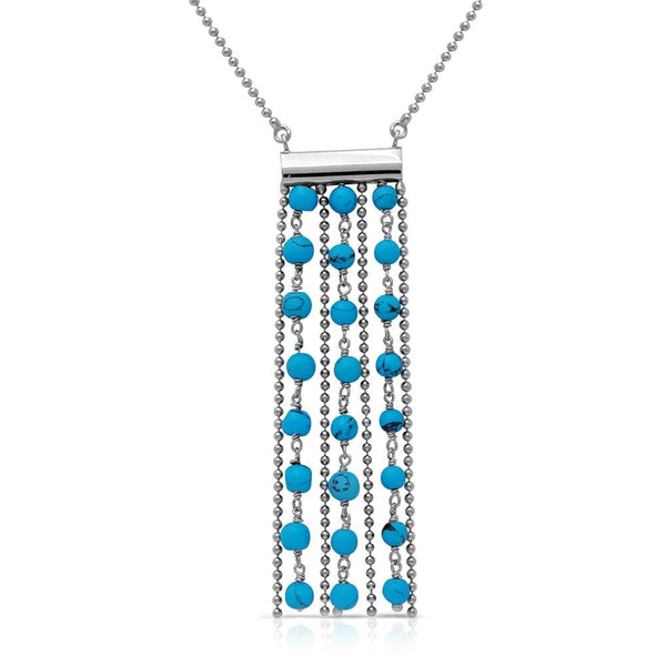 Silver 925 Rhodium Plated Bead Chain Necklace with Dropped Turquoise Beads - DIN00069RH-TQ | Silver Palace Inc.
