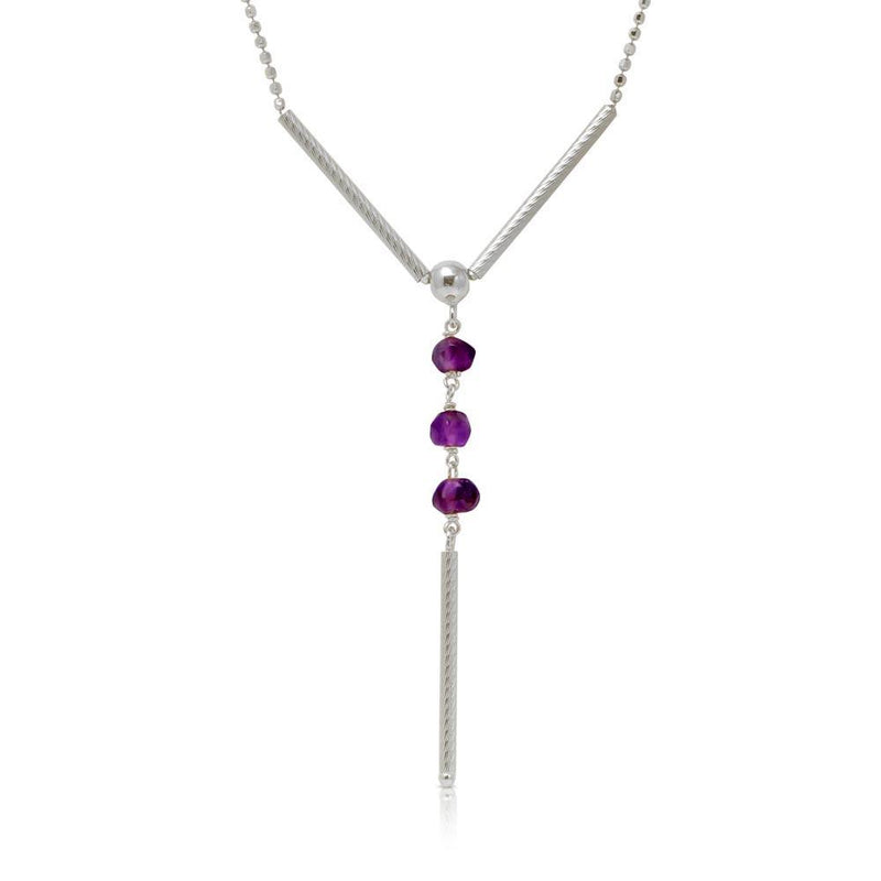Silver 925 Rhodium Plated DC Bead Chain with Dangling Purple Beads - DIN00074RH-AM | Silver Palace Inc.