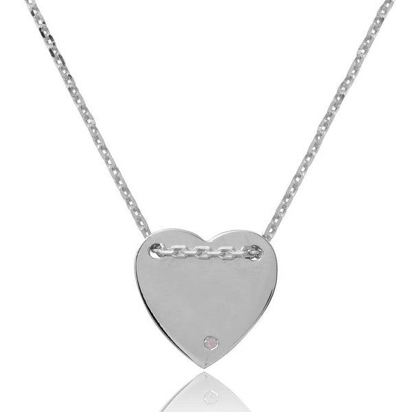 Rhodium Plated 925 Sterling Silver Engravable Heart Shaped Necklace with CZ - DIN00076RH | Silver Palace Inc.