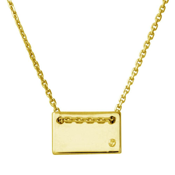 Silver 925 Gold Plated Engravable Small Rectangle Shaped Necklace with CZ - DIN00077GP | Silver Palace Inc.