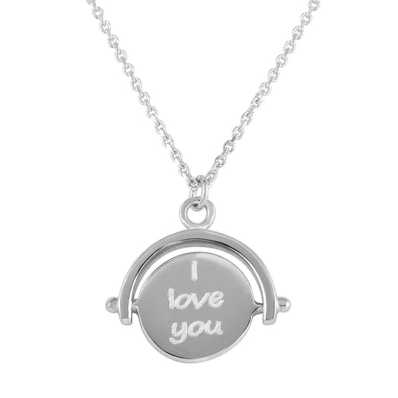 Silver 925 Rhodium Plated Engraved "I Love You" Pendant Necklace - DIN00098RH | Silver Palace Inc.