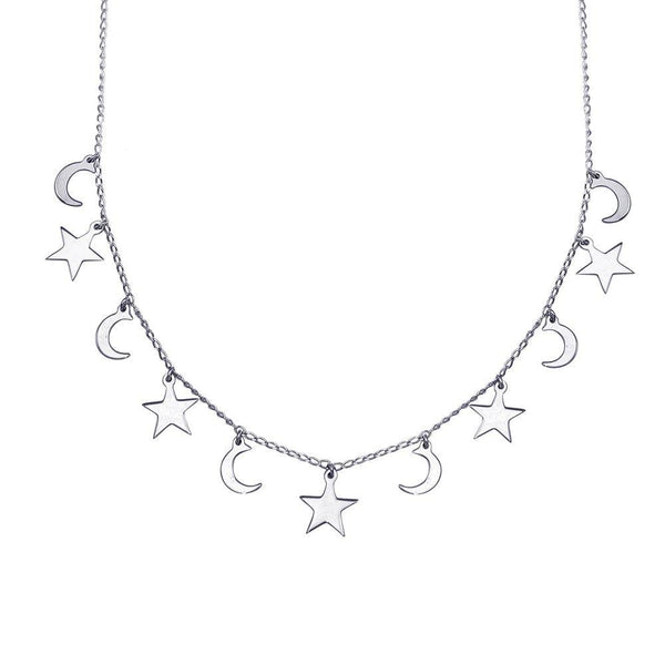 Silver 925 Rhodium Plated Dangling Star and Moon Chain Necklace - DIN00106RH | Silver Palace Inc.