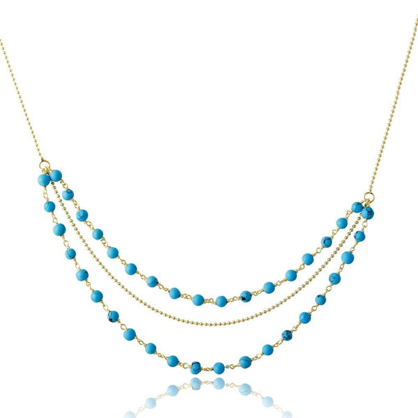 Silver 925 Gold Plated Triple Strand Turquoise Bead Necklace - DIN00071GP | Silver Palace Inc.