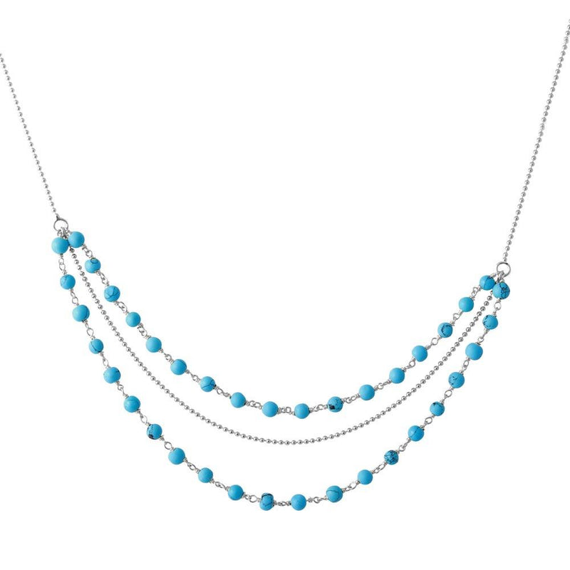 Silver 925 Rhodium Plated Triple Strand Turquoise Bead Necklace - DIN00071RH | Silver Palace Inc.