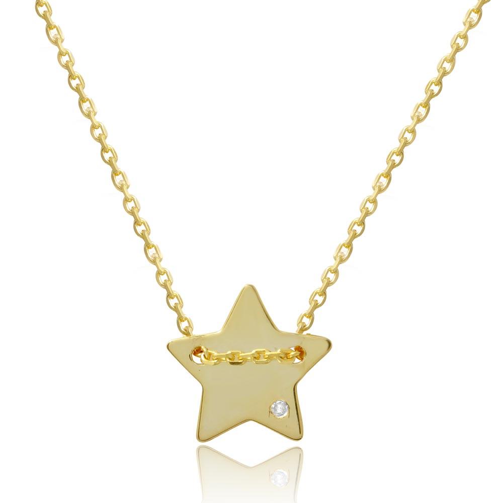 Silver 925 Gold Plated Engravable Star Shaped Necklace with CZ - DIN00079GP | Silver Palace Inc.