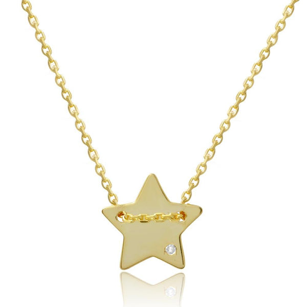 Silver 925 Gold Plated Engravable Star Shaped Necklace with CZ - DIN00079GP | Silver Palace Inc.