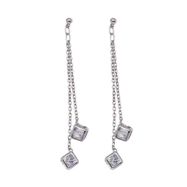 Silver 925 Rhodium Plated Two Wire Dangling Block CZ Hook Earrings - DSE00025 | Silver Palace Inc.