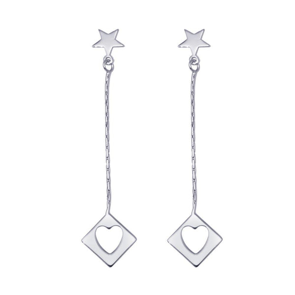 Silver 925 Rhodium Plated Wired Dangling Square Open Heart Stud Earrings - DSE00028 | Silver Palace Inc.