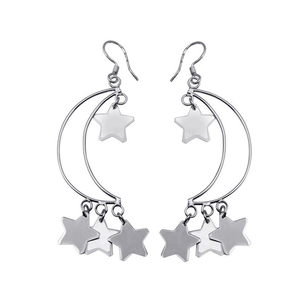 Silver 925 Rhodium Plated Open Crescent Moon Dangling Stars Hook Earrings - DSE00072 | Silver Palace Inc.