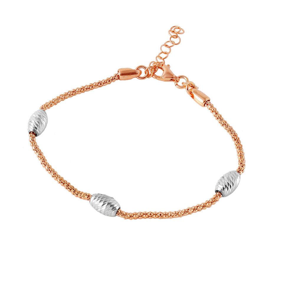 Silver 925 Rose Gold Plated Pop Corn Chain Italian Bracelet with Oval Bead Accents - ECB00129RGP | Silver Palace Inc.