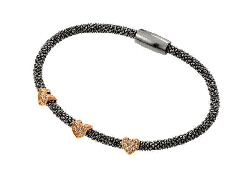 Closeout-Silver 925 Black Rhodium and Rose Gold Plated Three Heart Clear CZ Inlay Bracelet - ECB00027BR | Silver Palace Inc.
