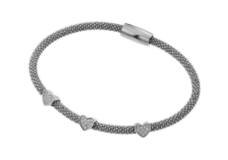 Closeout-Silver 925 Black Rhodium Plated Three Heart Clear CZ Inlay Bracelet - ECB00027RH | Silver Palace Inc.