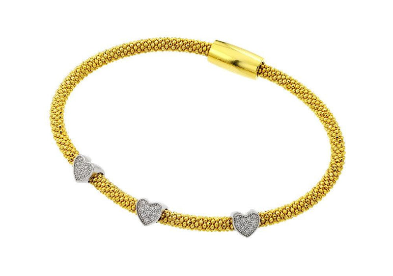 Closeout-Silver 925 Black Rhodium and Gold Plated Three Heart Clear CZ Inlay Bracelet - ECB00027YW | Silver Palace Inc.