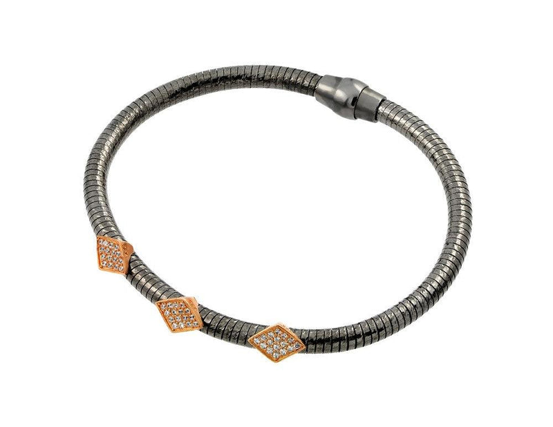 Closeout-Silver 925 Black Rhodium and Rose Gold Plated Three Marquis Clear CZ Inlay Bracelet - ECB00028BR | Silver Palace Inc.