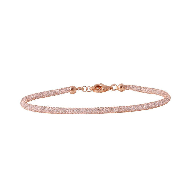 Closeout-Silver 925 Rose Gold Plated Mesh Embedded CZ Slim Italian Bracelet - ECB00046R | Silver Palace Inc.