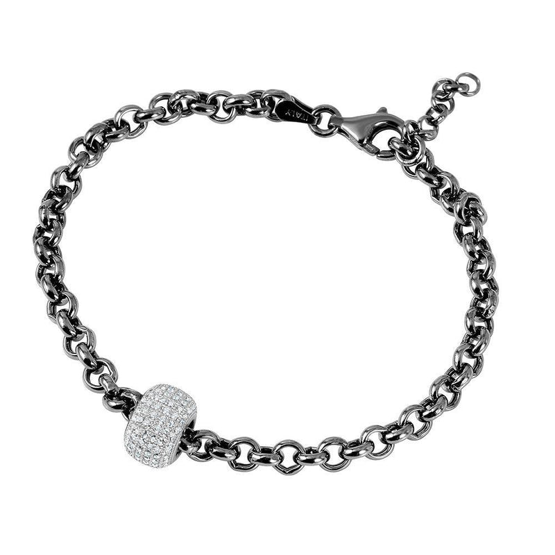 Silver 925 Black Rhodium Plated Rolo Bracelet with Micro Pave Center Bead - ECB00047BW | Silver Palace Inc.