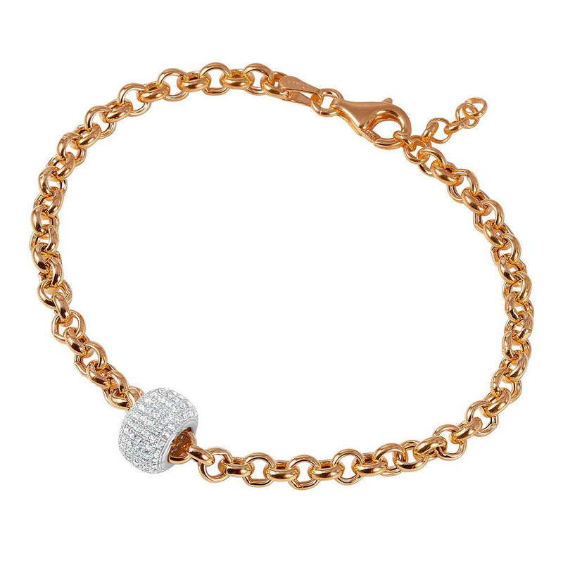 Silver 925 Rose Gold Plated Rolo Bracelet with Micro Pave Center Bead - ECB00047RW | Silver Palace Inc.