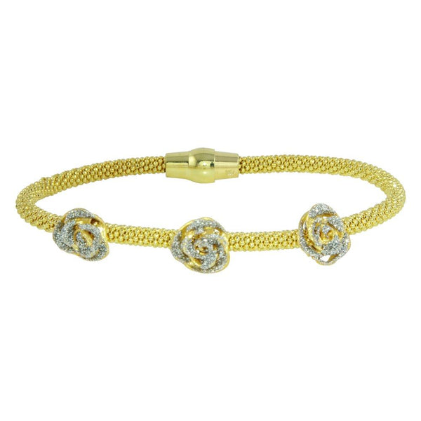 Closeout-Silver 925 Gold Plated Magnetic Bracelet with 3 Roses - ECB00076Y | Silver Palace Inc.