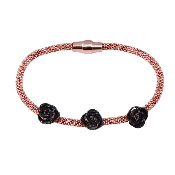 Closeout-Silver 925 Rose Gold Plated Italian Black Flower Bracelet - ECB00076RB | Silver Palace Inc.