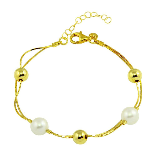 Silver 925 Gold Plated Bead Bracelet with Synthetic Pearl - ECB00103GP | Silver Palace Inc.