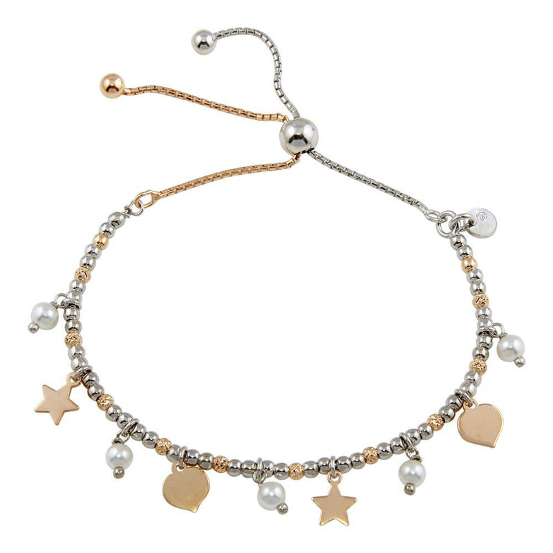 Silver 925 2 Toned Plated Multi Chain Stars Leaves Beaded Lariat Bracelet - ECB00123 | Silver Palace Inc.
